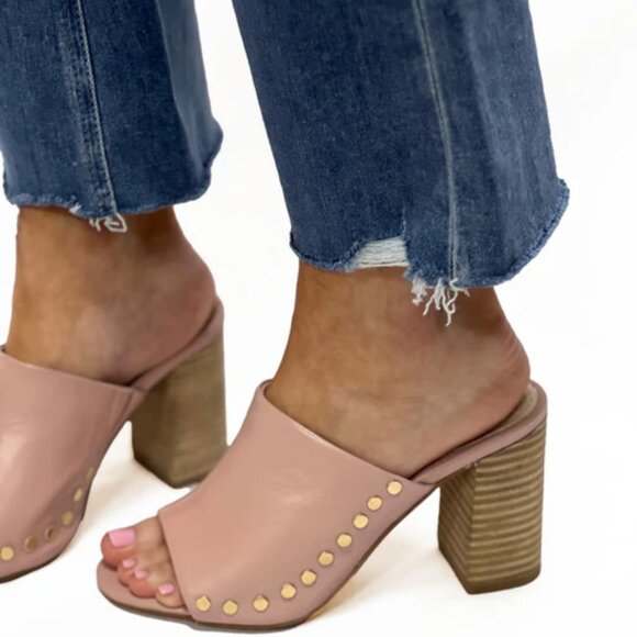 NEW Diba True Twin Crest Leather Studded Block Heel Peep Toe Slide